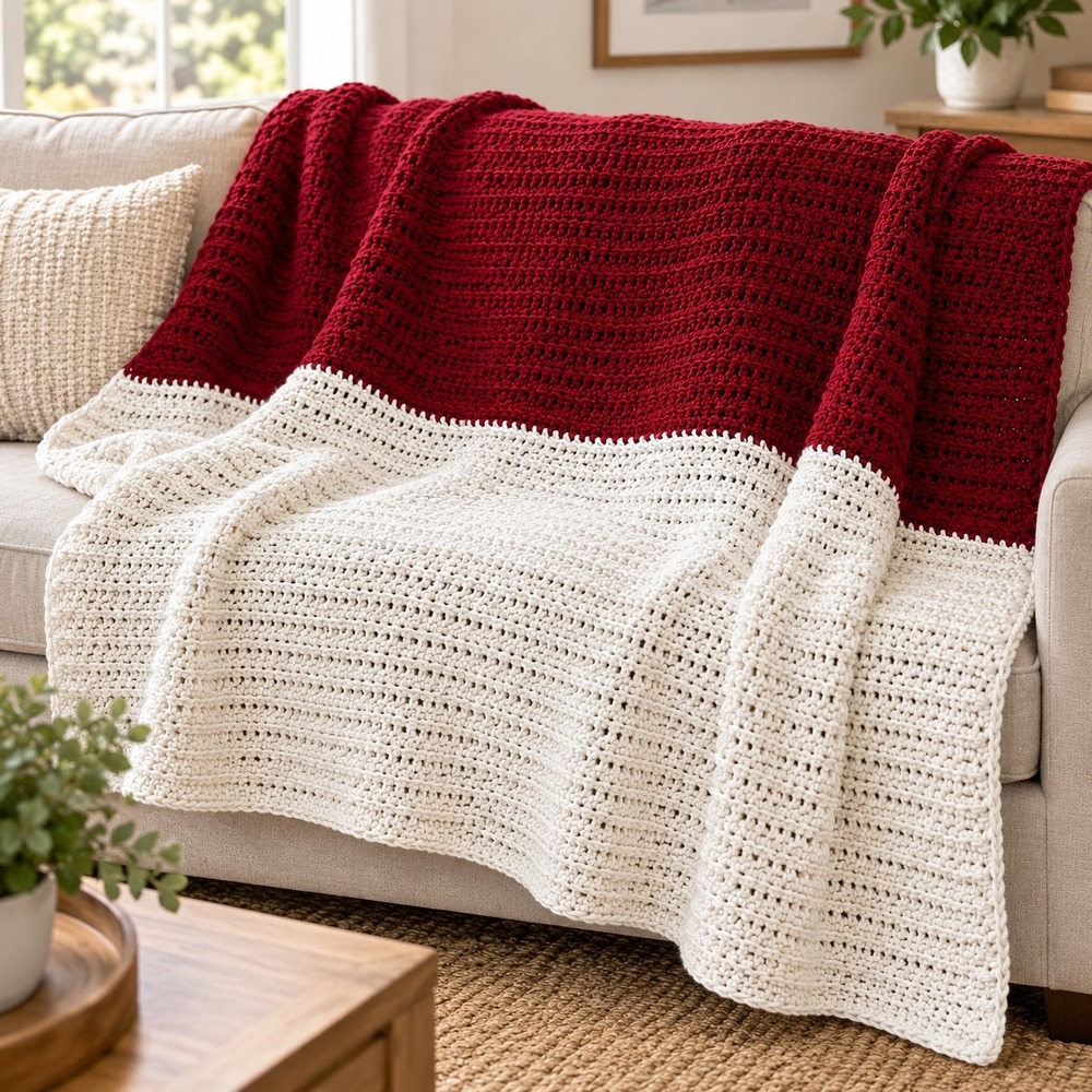 Handmade Crochet Throw Blanket Red White Color Block Afghan 90x60
